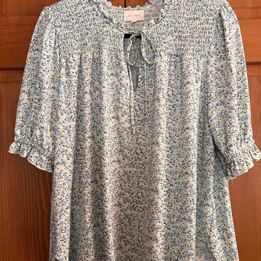 MELLODAY Floral Blouse - Blue and White